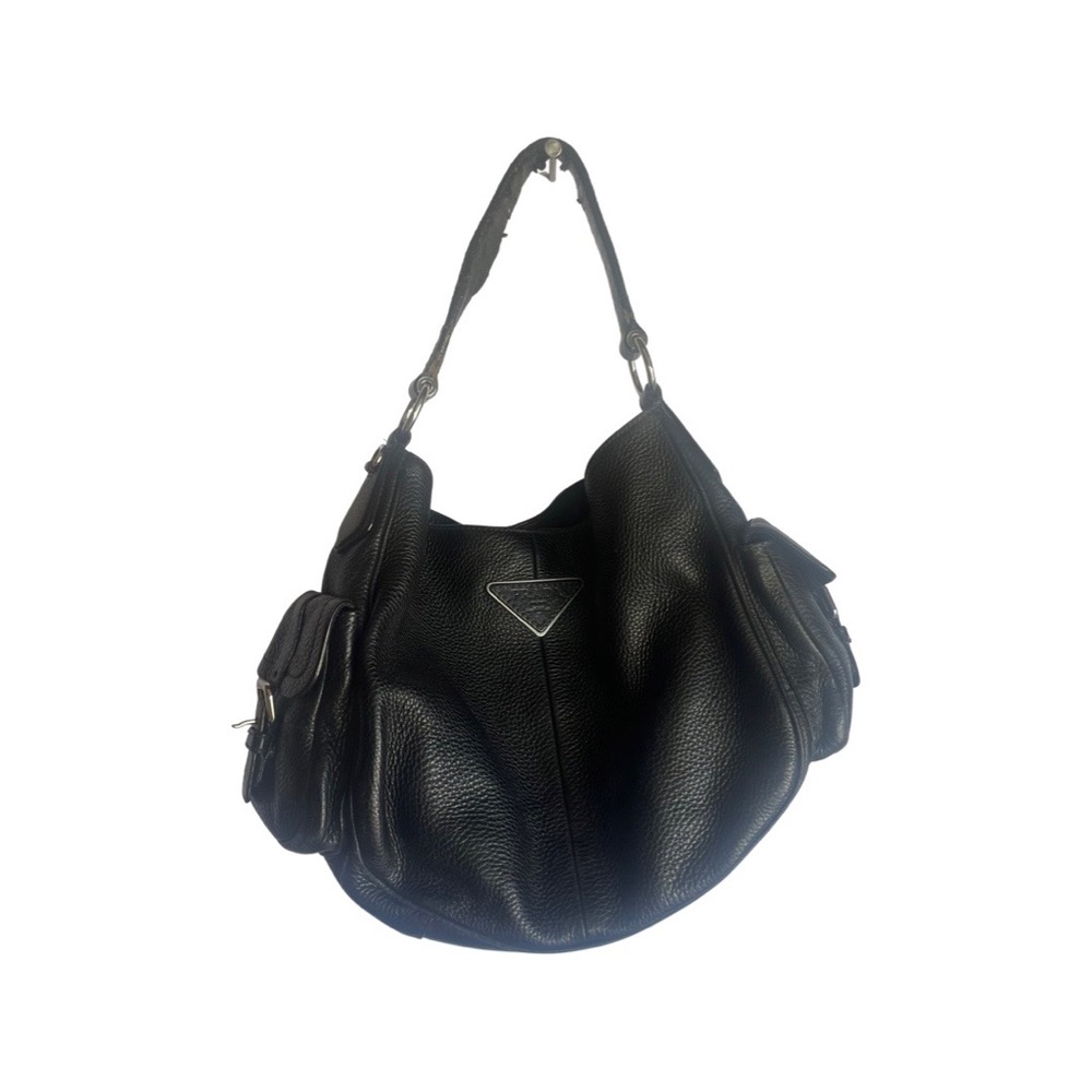 Black Leather Hobo Satchel with Side Pockets